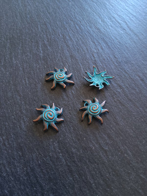 10 or 50 Antique Copper Sun Charms with Blue Patina 18x17x4mm