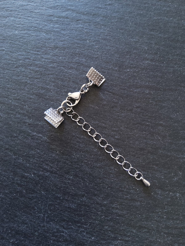 5 or 25 Patterned Stainless Steel Crimp End Sets for 8mm (5/16 inch) Ribbon with Extender Chain