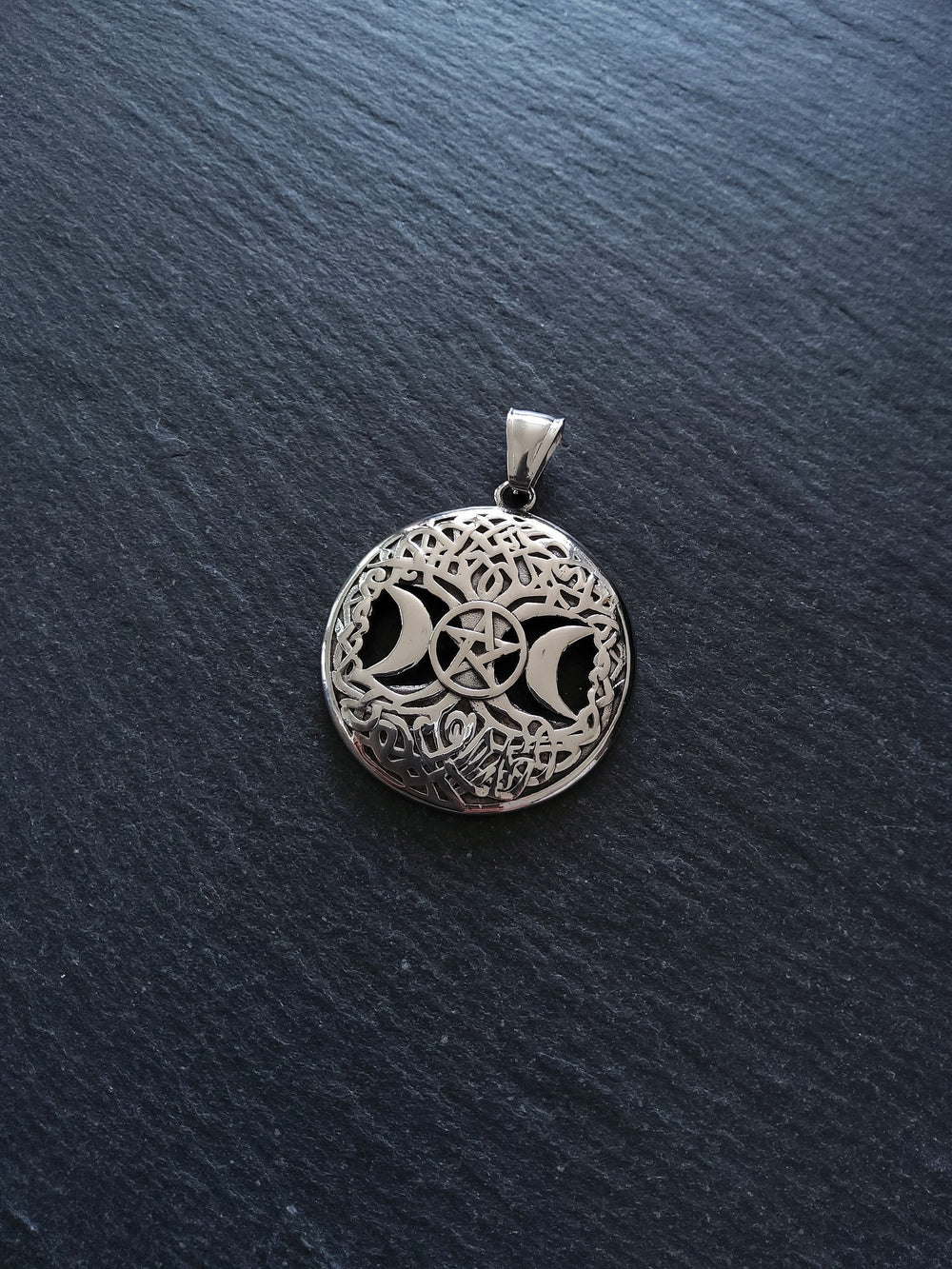 Stainless Steel Round Triple Moon Pentagram Pendant Silver Tone 40x36mm