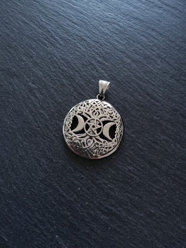 Stainless Steel Round Triple Moon Pentagram Pendant Silver Tone 40x36mm