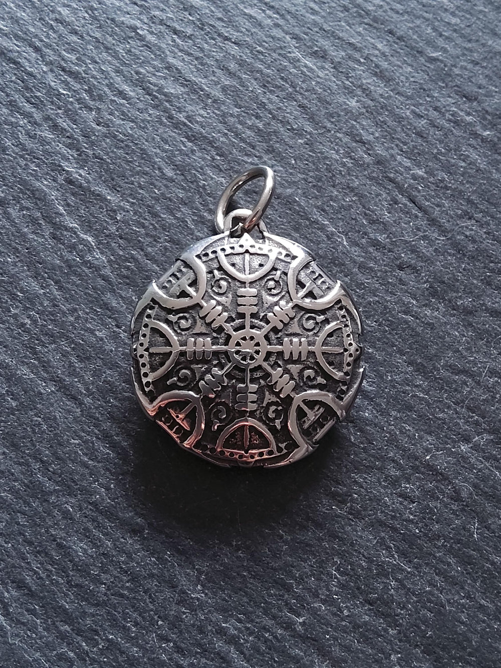 Round Double-Sided Helm of Awe Protection Pendant Surgical Steel 30.5x27x8.5mm