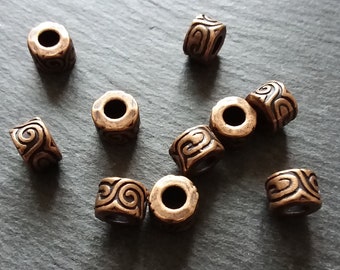 6 or 30 Antique Copper Tone Beads Scroll Design Cylinder Spacer 11x7mm Large 5mm Hole Nickel FREE