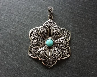 1 or 5 Large Flower Pendant Antique Silver Tone Alloy & Turquoise 83x58mm