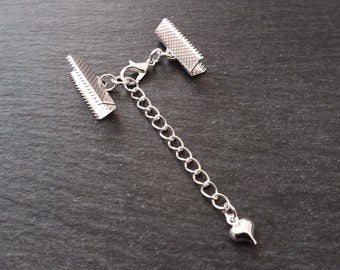 5 Silver Plated Crimp End Sets for Ribbon with HEART Extender Chain