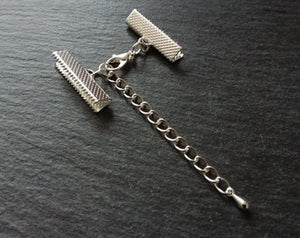 5 or 25 Silver Plated Crimp End Sets for 25mm (1 inch) Wide Ribbon Chokers with Extender Chain