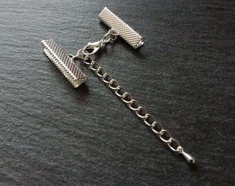 5 or 25 Silver Plated Crimp End Sets for 25mm (1 inch) Wide Ribbon Chokers with Extender Chain