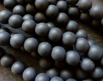 8mm Frosted Natural Black Agate Undyed Gemstone Round Beads Full 15.7 inch Strand