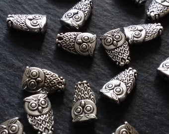 10 or 50 Owl Beads Antique Silver Tone 6x10mm. Hole: 1mm Nickel FREE