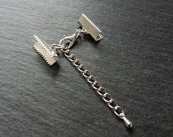 5 or 25 Silver Plated Crimp End Sets for 16mm (5/8") Wide Ribbon Chokers with Extender Chain