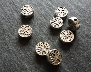 10 or 50 Tree Beads 9mm Antique Silver Tone Flat Round Coin Shaped 9x9x3.3mm