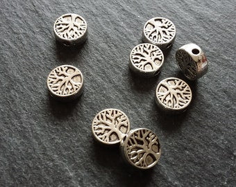 10 or 50 Tree Beads 9mm Antique Silver Tone Flat Round Coin Shaped 9x9x3.3mm
