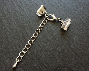5 or 25 Silver Plated Crimp End sets for 10mm (3/8") wide Ribbon with Extender Chain for Chokers & Bracelets