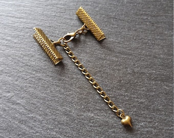 5 Antique Bronze Ribbon Crimps End Sets for Ribbon (Various Sizes) with HEART Extender Chain