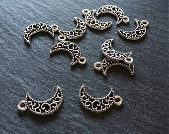20 or 100 Crescent Moon Charms Pierced Design Silver Tone 18x11mm