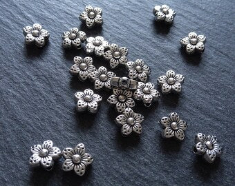 20 or 100 Antique Silver Tone 9mm Tibetan Flower Spacer Beads 9x5mm