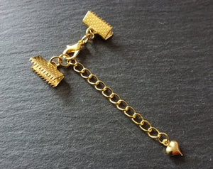 5 Gold Plated Crimp End Sets for Chokers or Bracelets with HEART Extender Chain