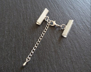5 or 25 Silver Plated Crimp End Sets for 22mm (7/8") Wide Ribbon Chokers with Extender Chain - ContentedCatz