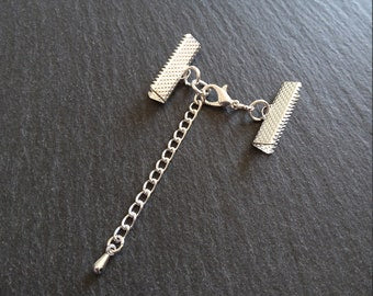 5 or 25 Silver Plated Crimp End Sets for 22mm (7/8") Wide Ribbon Chokers with Extender Chain - ContentedCatz