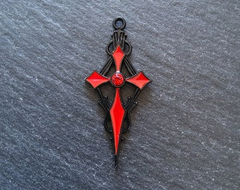 2 or 10 Gothic Black & Red Cross Crucifix Pendants with Red Rhinestone Antique 48x22mm