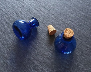2 or 10 Little Glass Bottles Cobalt Blue Flat Bottom with Cork Stopper Size 27x21mm