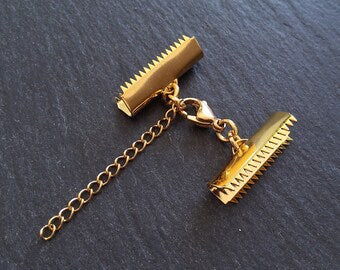 1 or 5 Gold Stainless Steel Crimp End Sets for 25mm (1 inch) Ribbon with Extender Chain