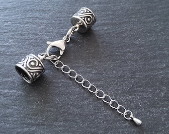 1 Set of Patterned Stainless Steel End Caps for 8mm Cord with Extender Chain (8.5mm end caps)