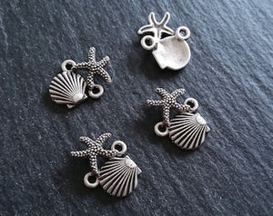 4 or 20 Sea Shell & Starfish Connector Charms Antiqued Sterling Silver Plated 18x13.5x2.5mm Nickel FREE