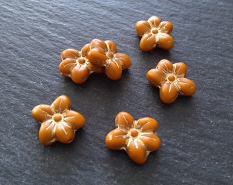 6 or 30 Czech Glass 14mm Flower Beads Matte Pumpkin Orange with Gold Patina 14x13x4.5mm