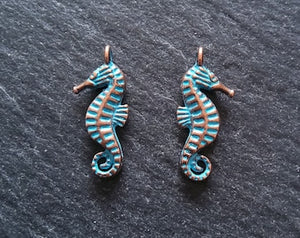 12 or 60 Antique Copper Seahorse Charms with Blue Patina 22x9x3mm
