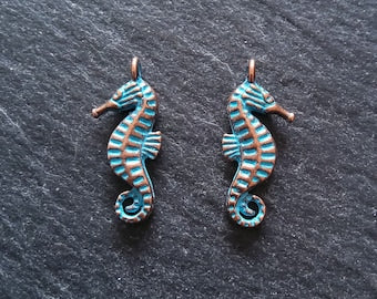 12 or 60 Antique Copper Seahorse Charms with Blue Patina 22x9x3mm