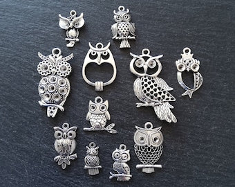 The Silver Owl Collection 2 - 11 Silver Tone Owl Charms 54x27mm to 21x11mm