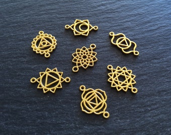 1 or 5 Full Sets of The Seven Chakras Connector Charms Bright Gold Plated Small 20x13mm