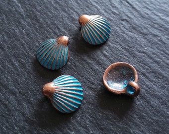 8 or 40 Antique Copper Scallop Shell Charms with Blue Patina 21x11mm