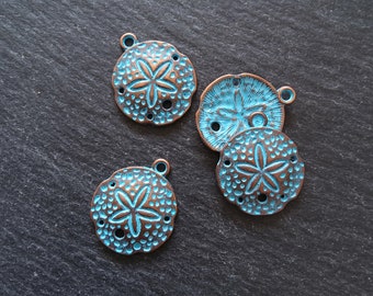 8 or 40 Antique Copper Sand Dollar Charms with Blue Patina 25x21mm