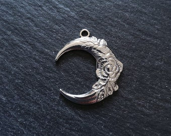1 or 5 Stainless Steel Crescent Moon & Flower Pendants 30x26x3mm