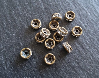 10 or 50 Antique Bronze 6mm Clear Rhinestone Straight Edge Spacer Beads 6x3mm Nickel FREE