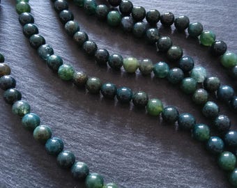 8.5mm Dark Green Moss Agate Natural Undyed Round Gemstone Beads. Full 15.7 inch Strand. Hole: 1mm