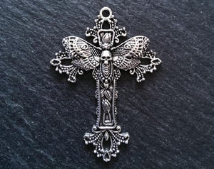 4 or 20 Antique Silver Tone Moth Skull Crucifix Pendants 51x37mm
