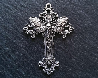 4 or 20 Antique Silver Tone Moth Skull Crucifix Pendants 51x37mm