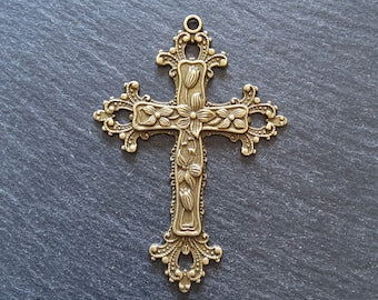 2 or 10 Large Antique Bronze Tone Crucifix Pendants Victorian Flower Pattern 74x53mm Nickel FREE