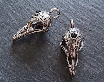Surgical Steel Norse Raven Skull Pendant With Black Glass Cabochon 44x19x16mm