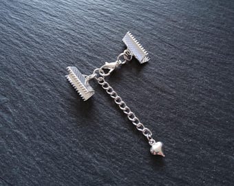 5 or 25 Silver Plated Crimp End Sets for 16mm (5/8") Wide Ribbon with HEART Extender Chain