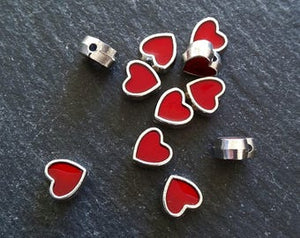 6 or 30 Heart Beads 8mm Antique Silver Tone with Red Enamel 8.5x8x4.2mmmm