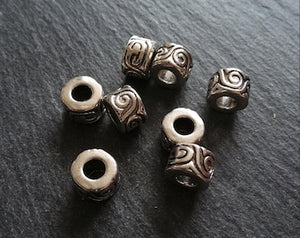 6 or 30 Antique Silver Tone Beads Scroll Design Cylinder Spacer 11x7mm Large 5mm Hole Nickel FREE
