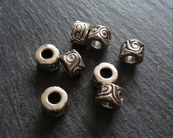 6 or 30 Antique Silver Tone Beads Scroll Design Cylinder Spacer 11x7mm Large 5mm Hole Nickel FREE