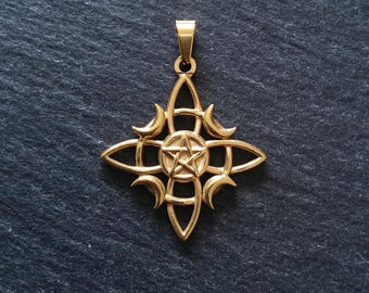 Witches Knot Pentagram & Moon Pendant Gold Stainless Steel 31x34mm