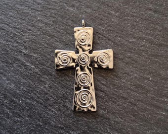 Bright Stainless Steel Cross Pendant with Swirl Pattern 47x30x1.5mm