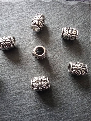 6 or 30 Flower Patterned 10mm Charm Beads Antique Silver Tone Large 5mm Hole. Nickel FREE