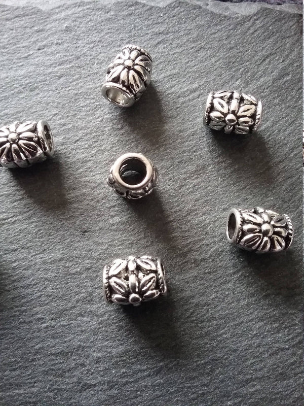6 or 30 Flower Patterned 10mm Charm Beads Antique Silver Tone Large 5mm Hole. Nickel FREE