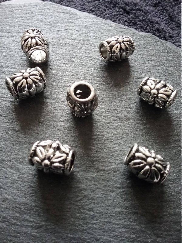 6 or 30 Flower Patterned 10mm Charm Beads Antique Silver Tone Large 5mm Hole. Nickel FREE